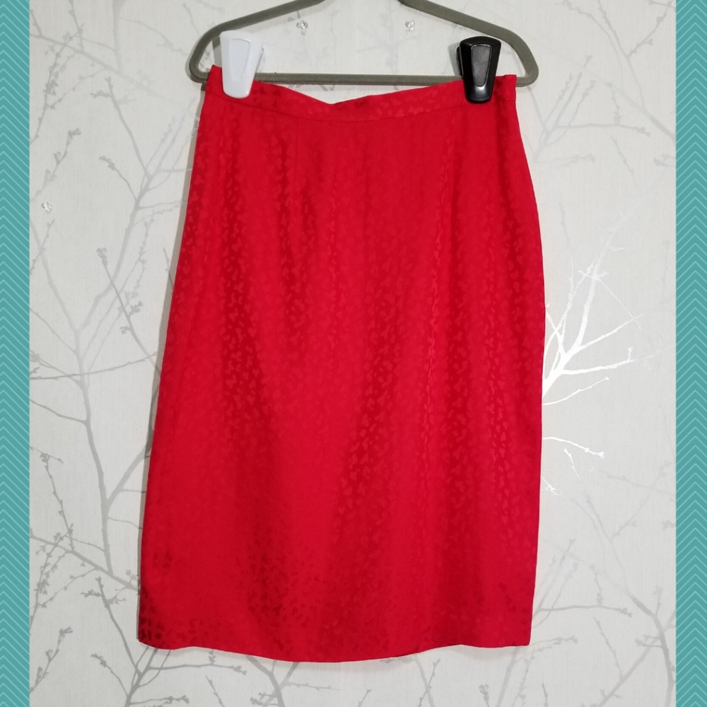 Fiori Red Embossed 100% Silk Pencil Skirt